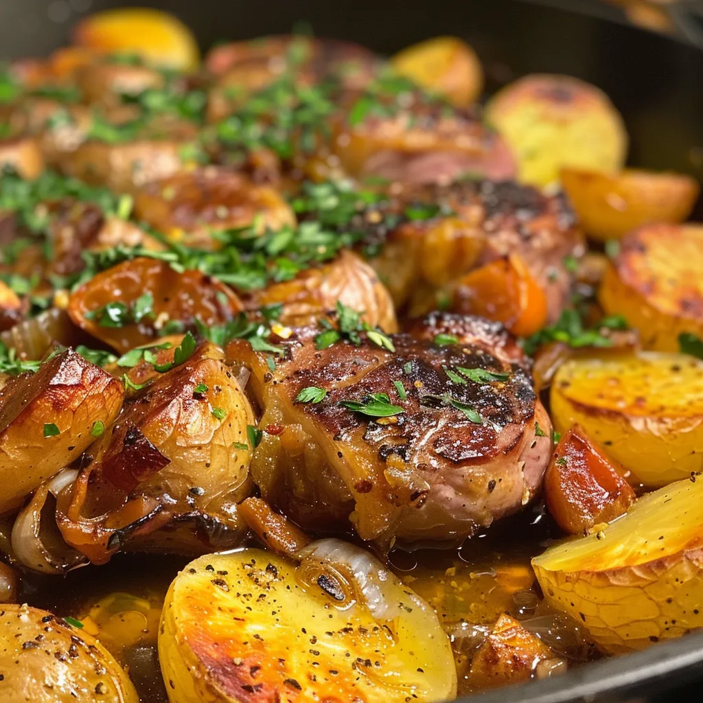 Seiteansicht eines warmen Kartoffel-Hack-Auflaufs, garniert mit frischer Petersilie.