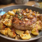 Nahaufnahme von Honig-Knoblauch-Hähnchen mit Brokkoli und Kartoffeln.