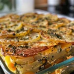 Nahaufnahme eines Kartoffel Auflaufs mit Hackfleisch und Lauch, goldbraun überbacken.