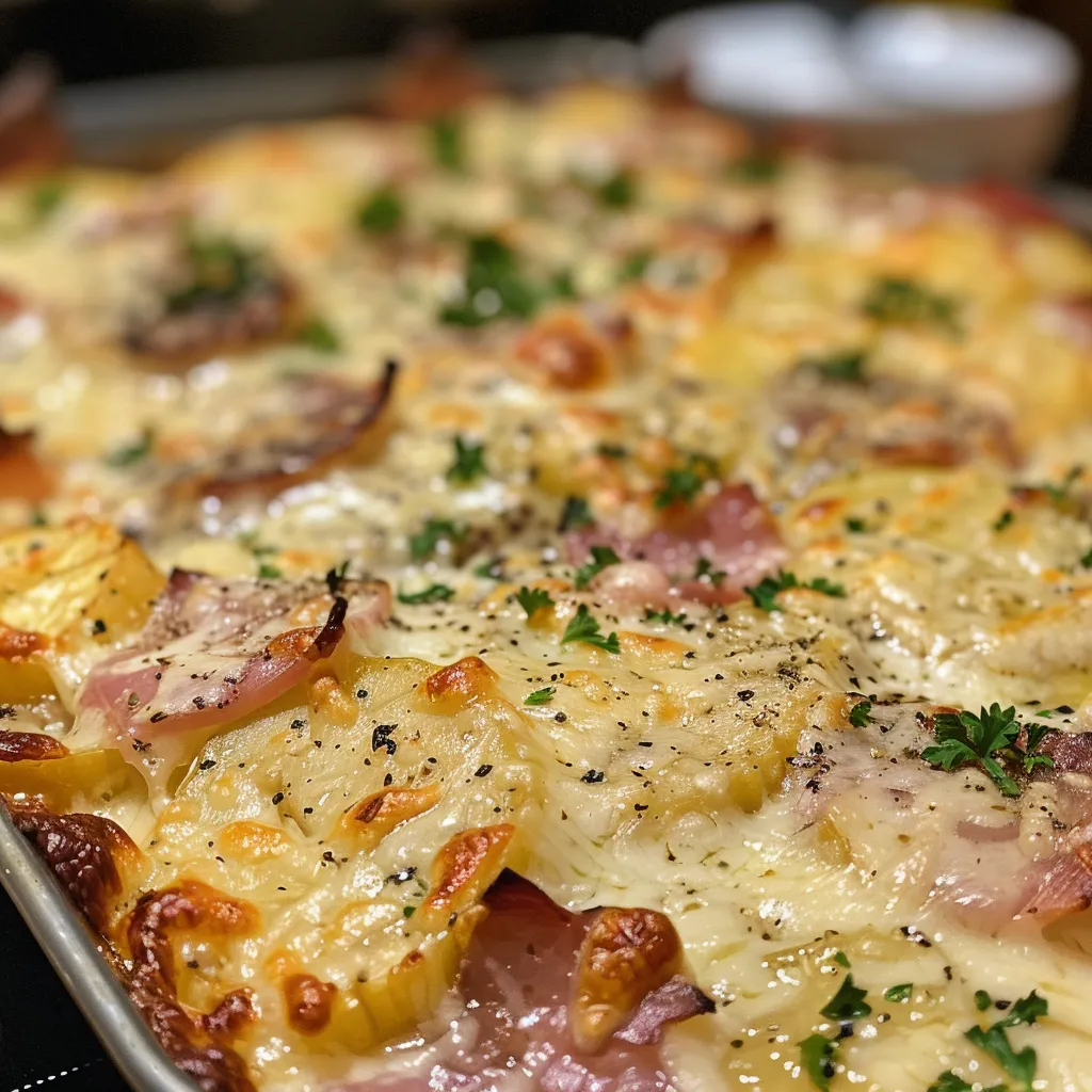 Seiteansicht eines herzhaften Kartoffel Auflaufs, garniert mit Petersilie.