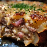 Nahaufnahme eines saftigen Kartoffel-Hackfleisch-Auflaufs in einer Auflaufform.