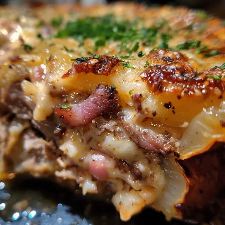 Ein Herzhaftes Kartoffel-Hackfleisch-Erlebnis für Jeden Tag Nahaufnahme eines saftigen Kartoffel-Hackfleisch-Auflaufs in einer Auflaufform.