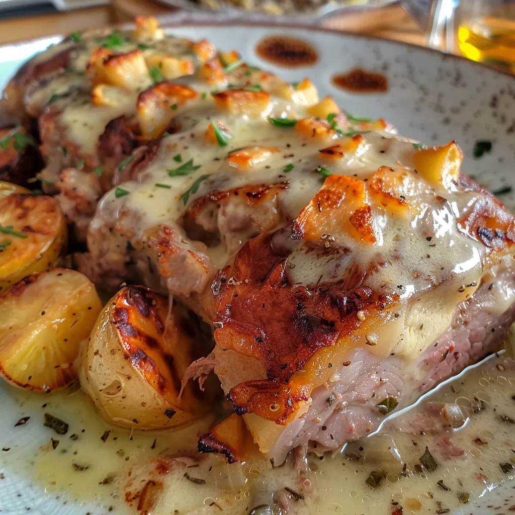 Side-View des Kartoffel-Hackfleisch-Auflaufs, der mit Käse überbacken ist.