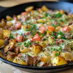 Nahaufnahme von einem Kartoffelauflauf mit Hackfleisch.