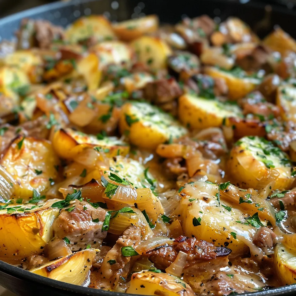 Seiteansicht eines leckeren Kartoffelauflaufs mit einer goldbraunen Käsekruste.