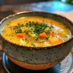 Nahaufnahme von Kartoffelsuppe in einer Schüssel, garniert mit Petersilie.