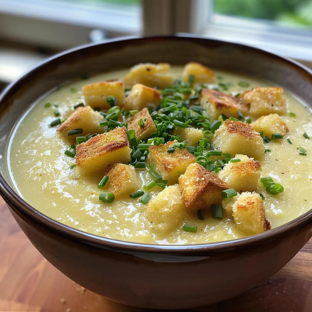 Sideview der Kartoffelsuppe, gut sichtbar mit Karotten und Lauch.