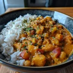 Nahaufnahme eines köstlichen Kichererbsen Currys in cremiger Paprika Soße.