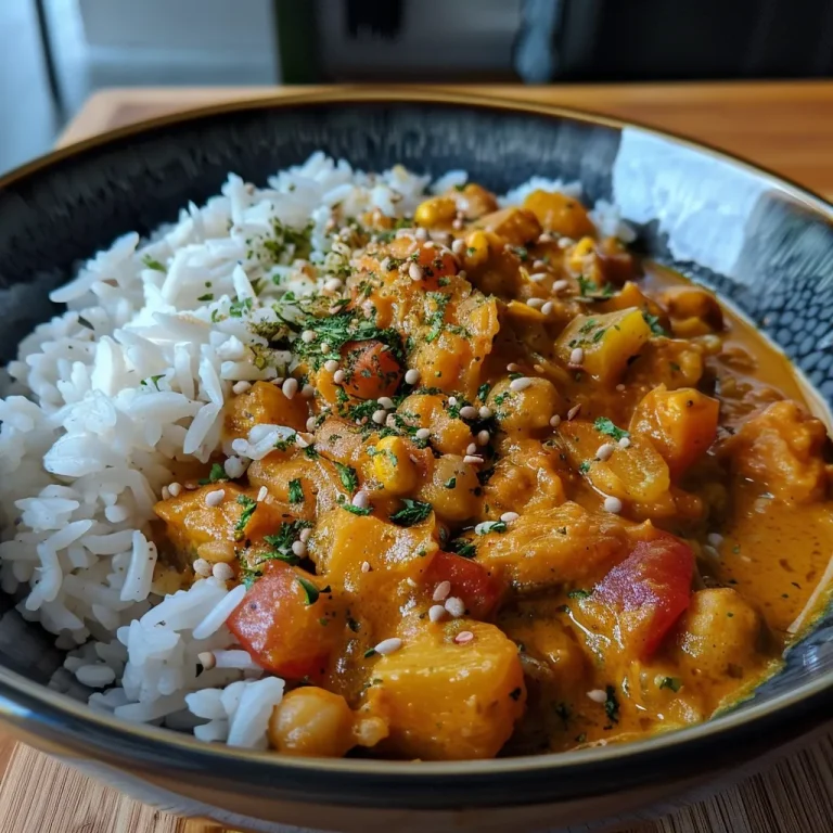 Nahaufnahme eines köstlichen Kichererbsen Currys in cremiger Paprika Soße.