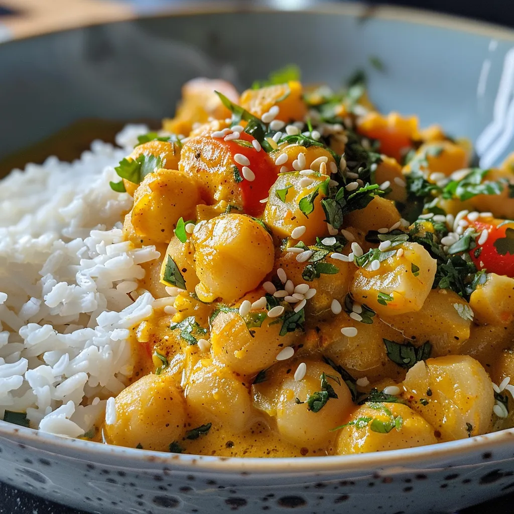 Detailaufnahme eines gesunden Kichererbsen Currys auf einem Teller.