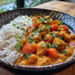 Nahaufnahme eines Kichererbsen-Currys mit Kokosmilch in einer Schüssel.