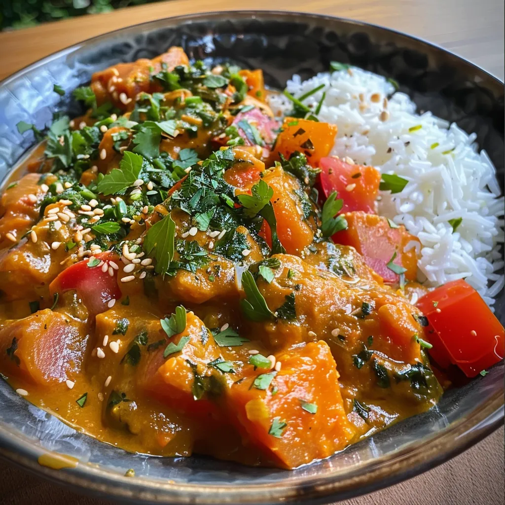 Seitenansicht eines aromatischen Kichererbsen-Currys mit frischen Kräutern.