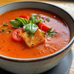 Nahe Ansicht von Klassischer Tomatensuppe in einer weißen Schale.