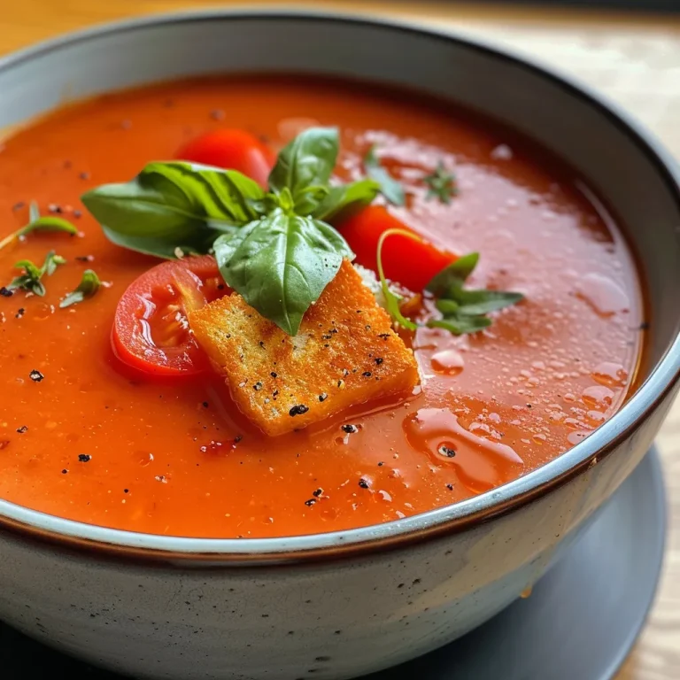 Nahe Ansicht von Klassischer Tomatensuppe in einer weißen Schale.