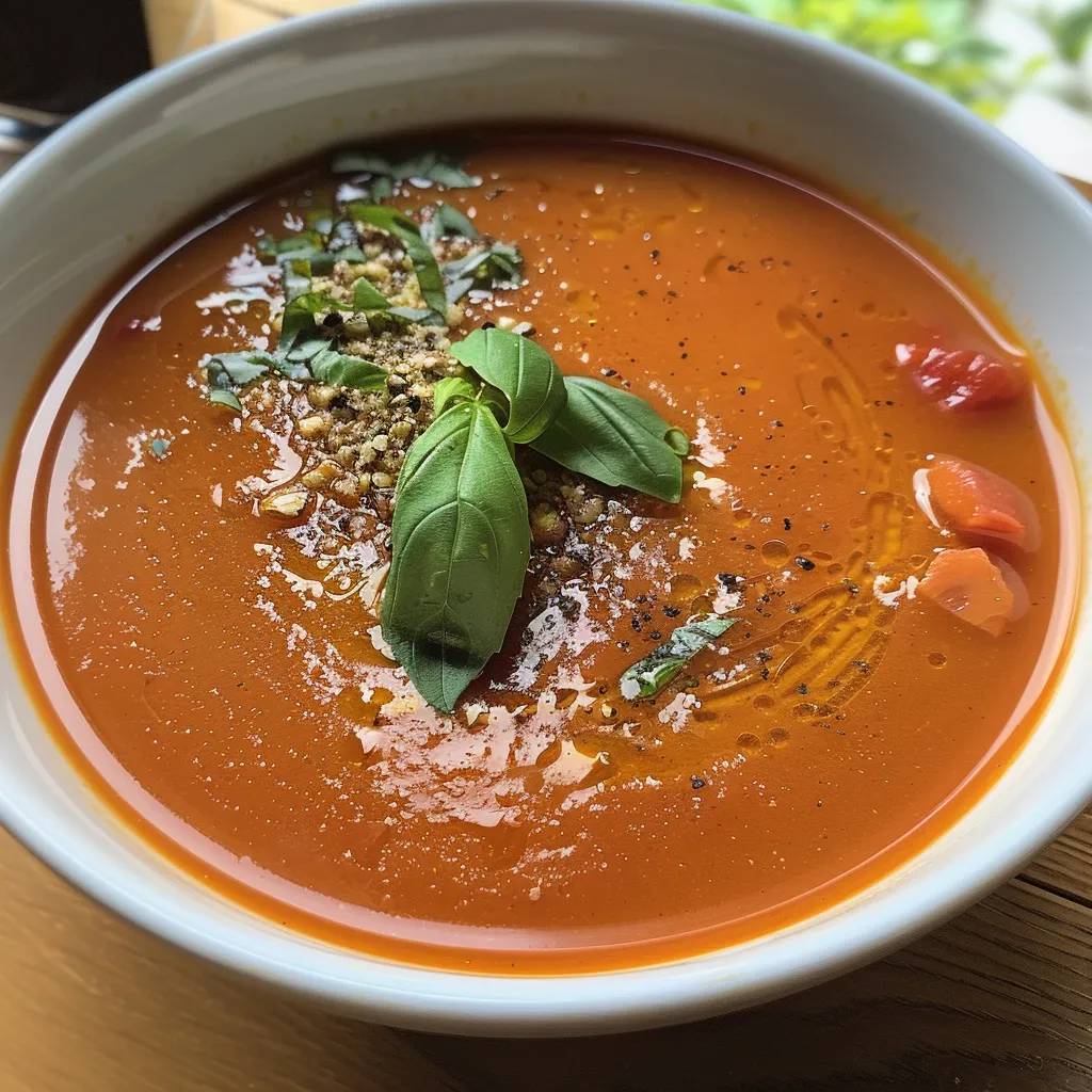 Side-View von Tomatensuppe mit frischen Kräutern und Gemüse.