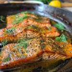 Saftiger Lachsfilet in einer cremigen Dill-Zitronen-Soße, nah aufgenommen.