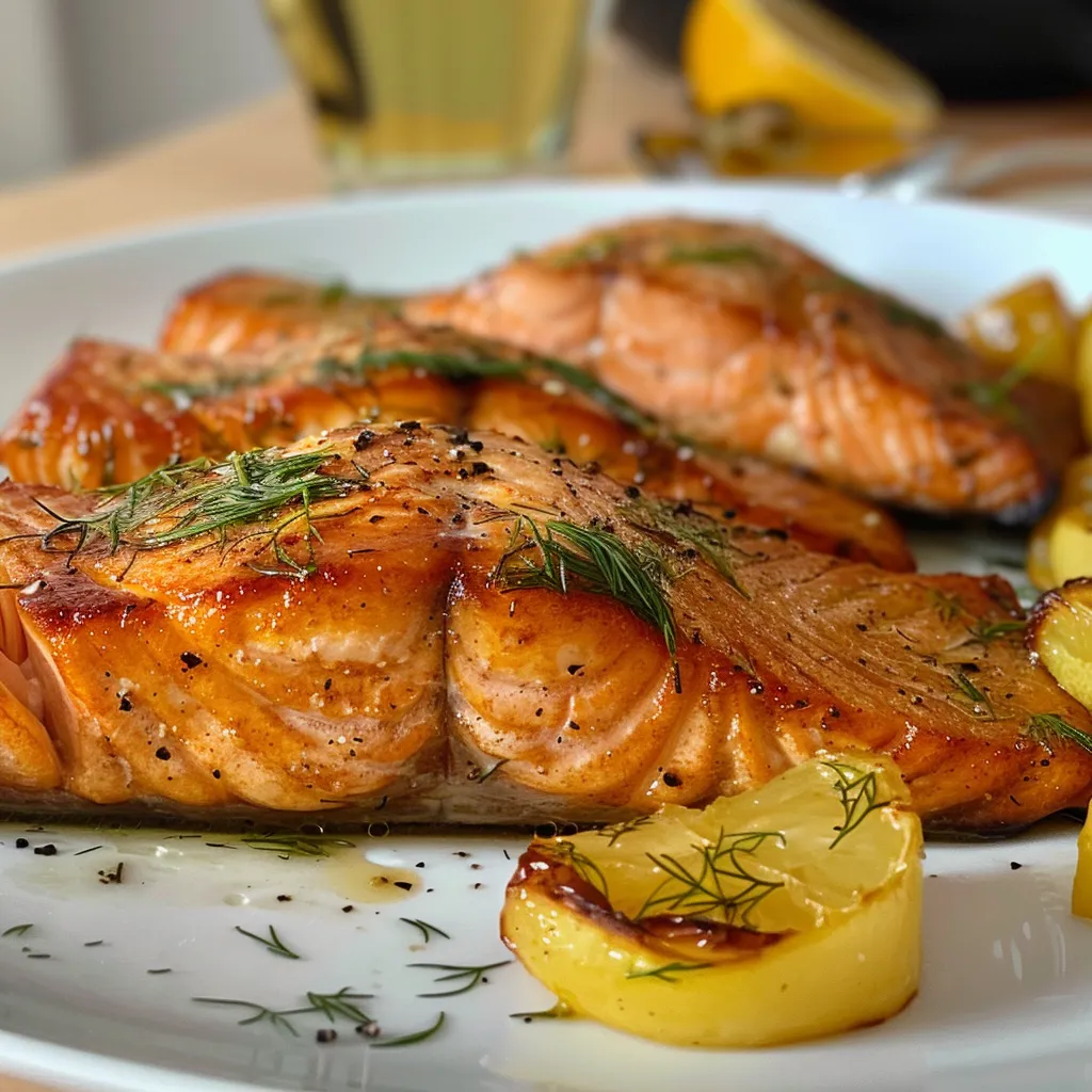 Nahaufnahme von Lachs in einer aromatischen Dill-Zitronen-Soße.