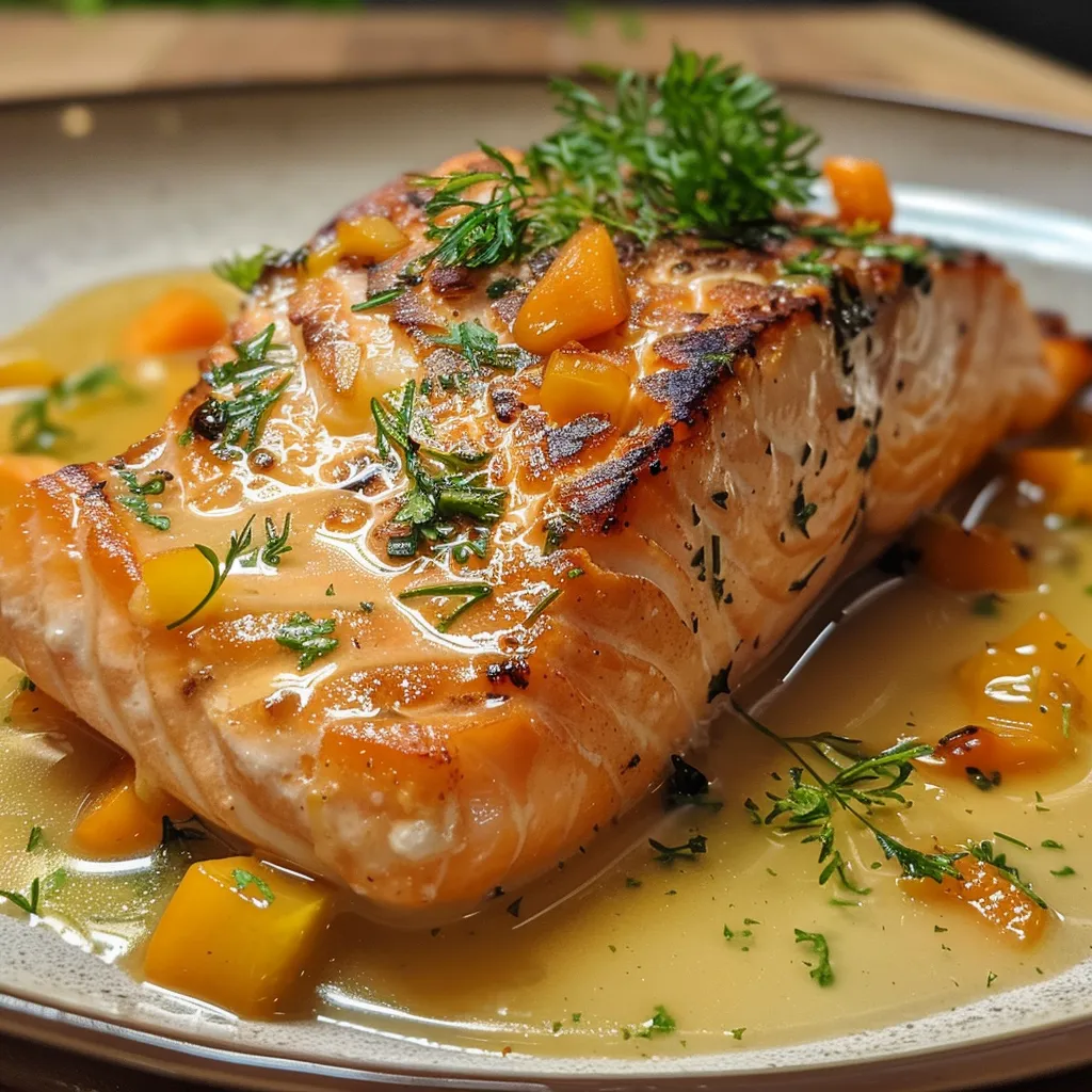 Detailaufnahme von Lachsfilet mit cremiger Zitronensauce.