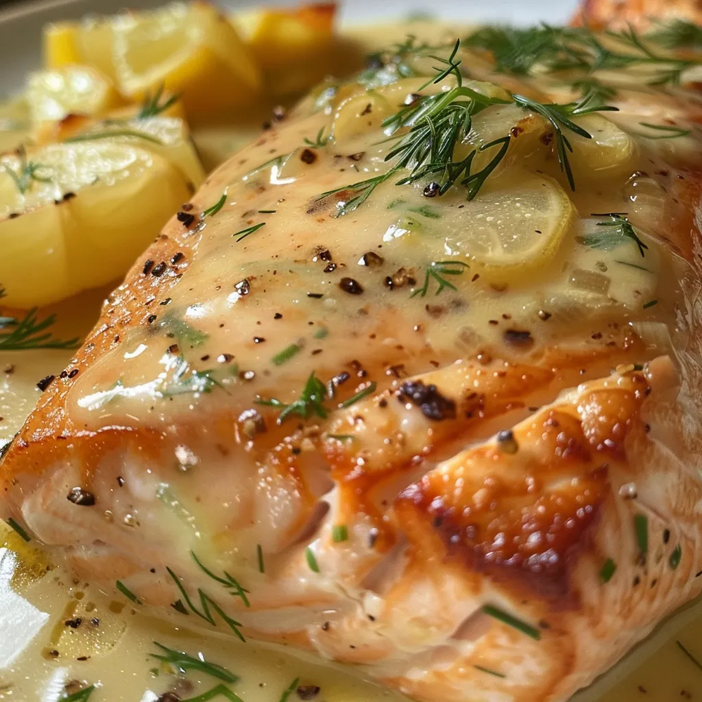 Seitenansicht von Lachsfilet, überzogen mit heller Zitronensauce.