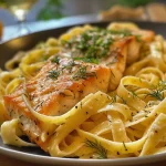 Nahaufnahme von saftigem Lachs mit Zitronen-Sahnesauce auf Pasta.