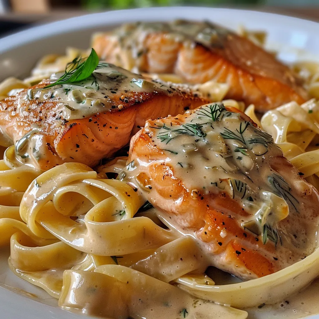 Seitenansicht eines eleganten Gerichts mit frischem Lachs und cremiger Sauce.