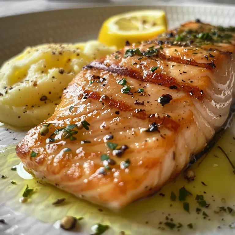 Nahaufnahme eines saftigen Lachsfilets mit Zitronenbutter und Zitronenscheiben.