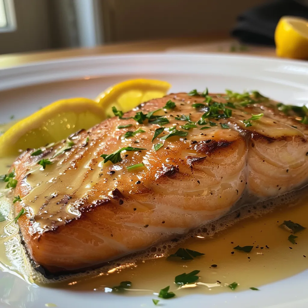Seitenansicht eines frisch zubereiteten Lachsgerichts mit Zitronenbutter und Kräutern.