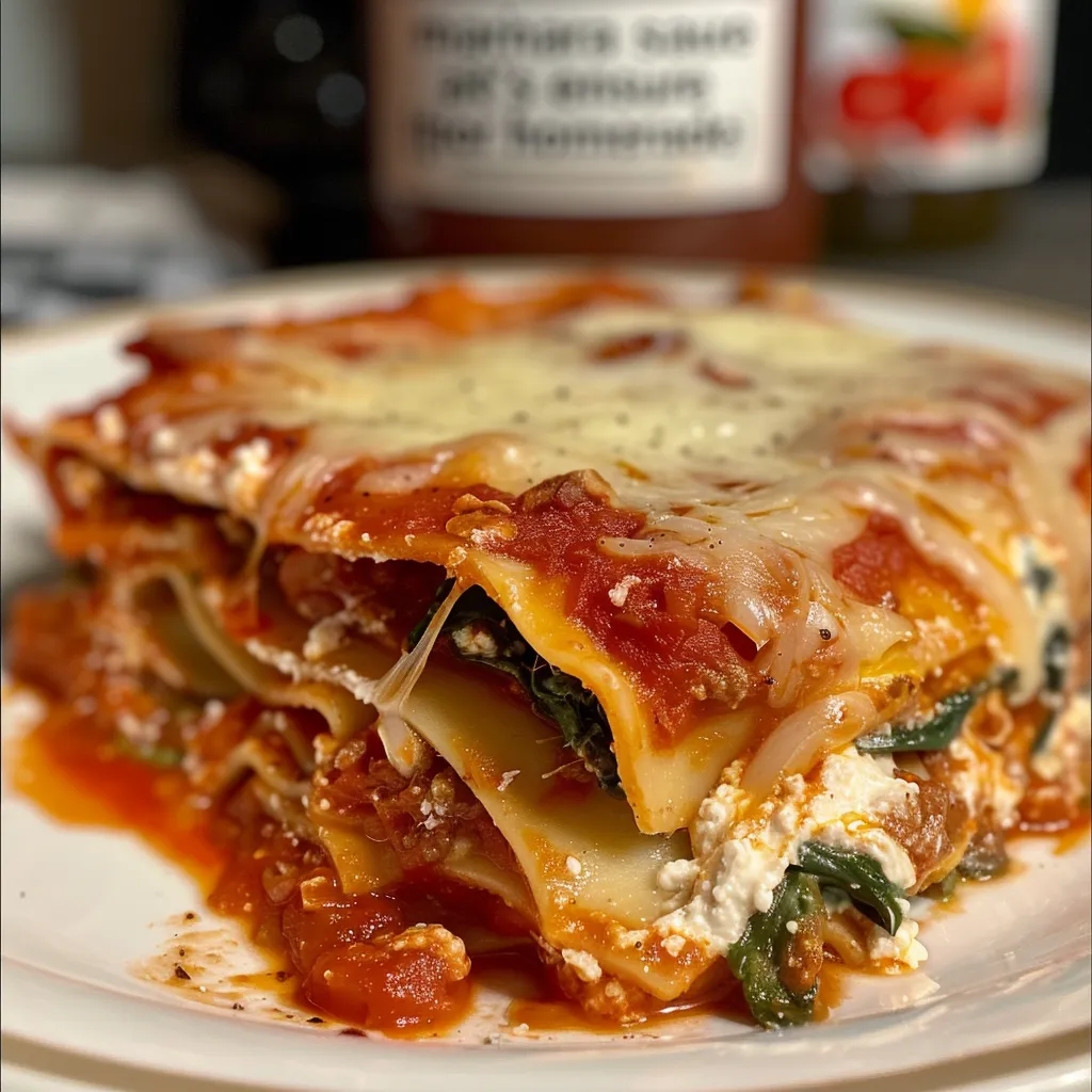 Seitenansicht von saftiger vegetarischer Lasagne mit einer Schicht Ricotta und buntem Gemüse.