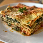 Nahaufnahme einer vegetarischen Lasagne mit Spinat und Käse.