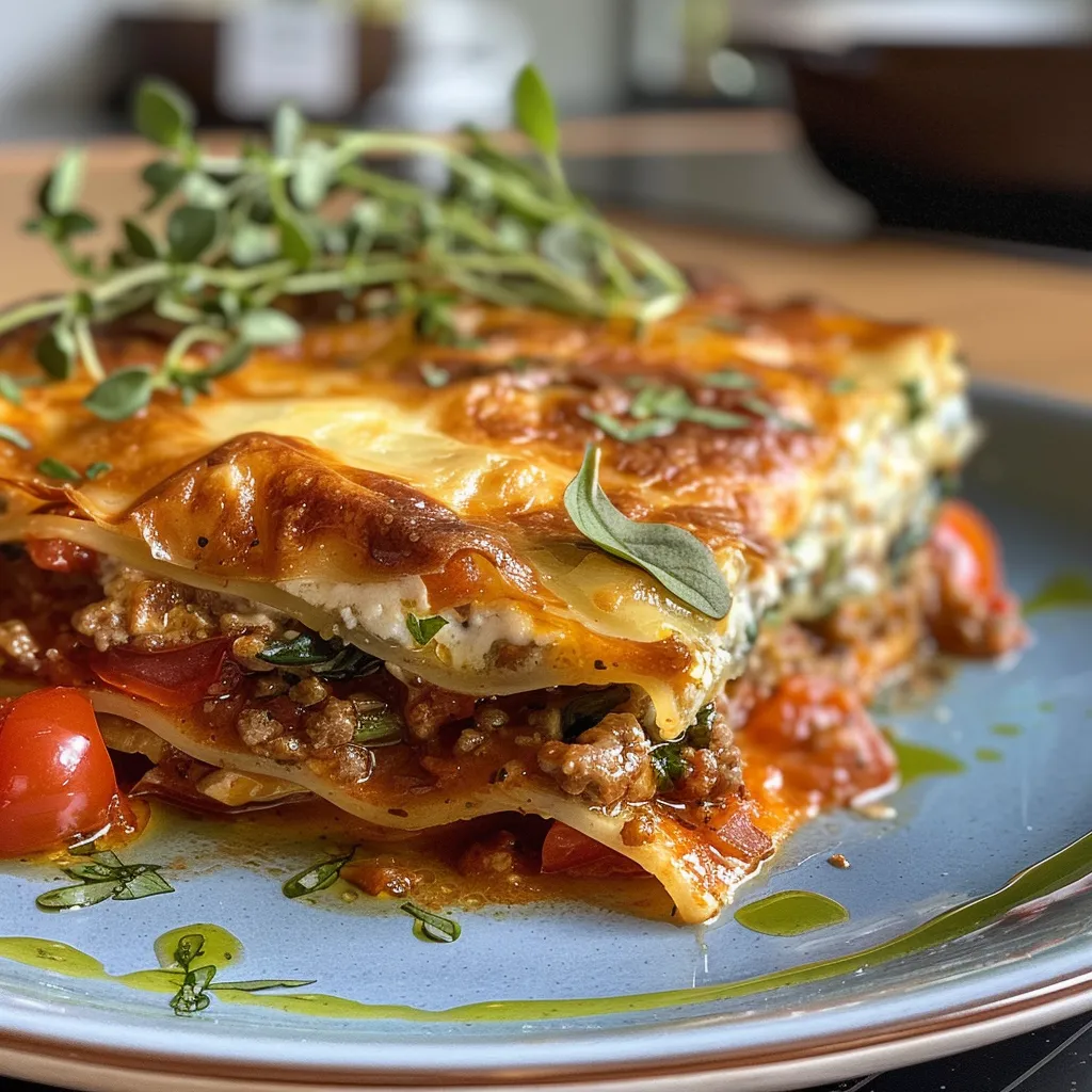 Seitenansicht einer frisch zubereiteten Spinatlasagne mit einer goldbraunen Käsekruste.