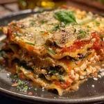 Saftige Lasagne mit Pilzen und Spinat in einem Teller.