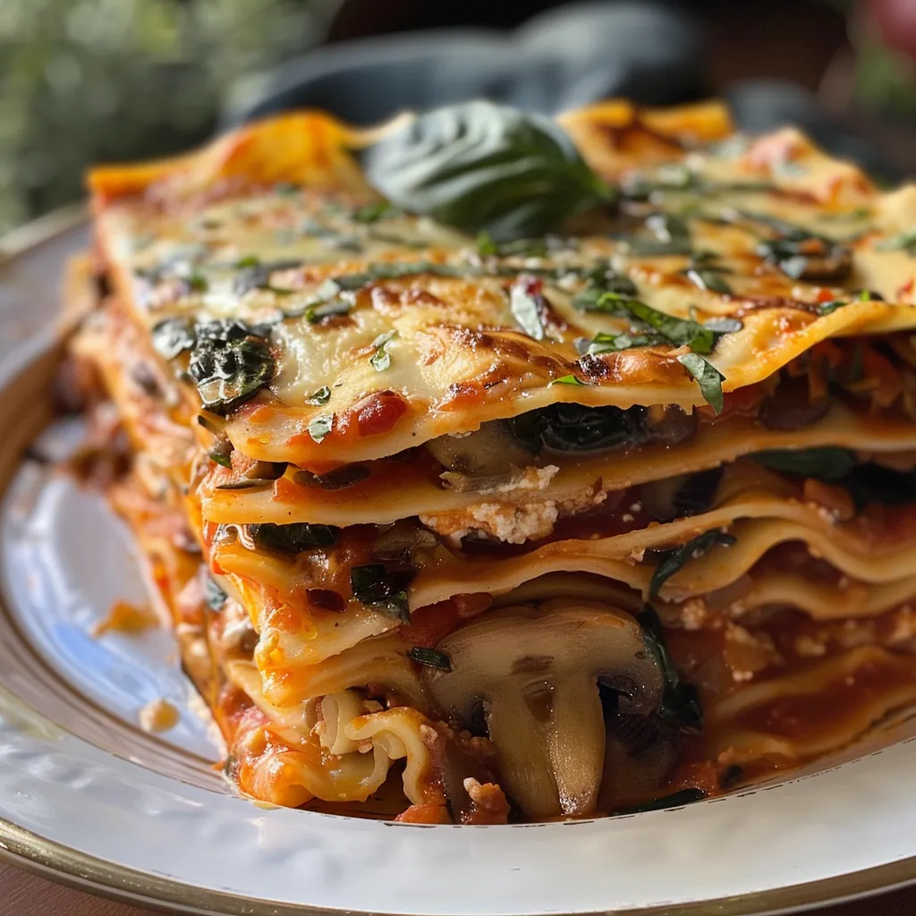 Nahaufnahme von Lasagne mit Schichten aus Spinat und Champignons.