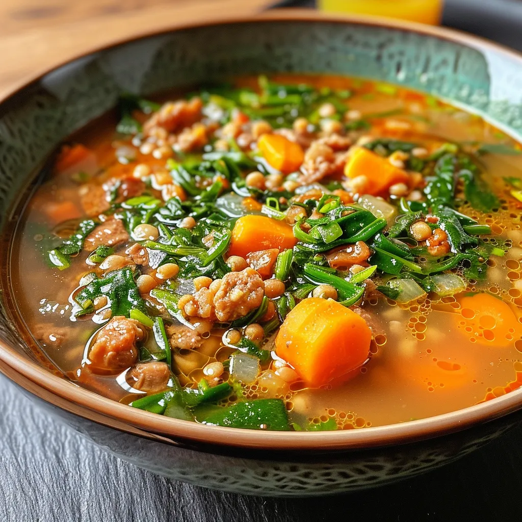 Seitenansicht einer köstlichen Linsensuppe mit frischem Spinat.