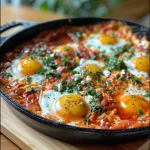 Close-up view of a vibrant Marokkanische Shakshuka in a skillet, featuring eggs and vegetables.