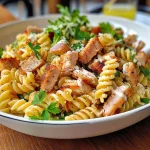 Saftiger Nudel-Hähnchensalat mit frischen Frühlingszwiebeln in einer Schüssel.