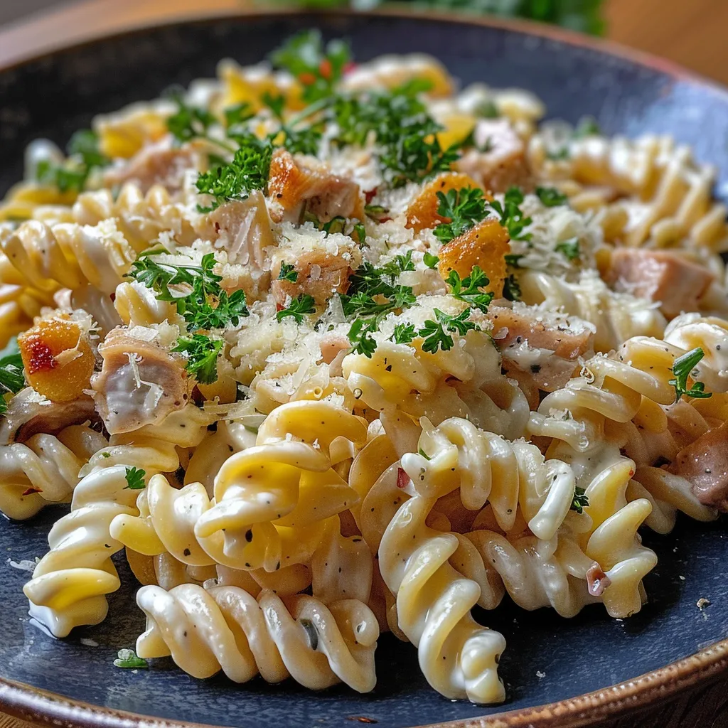 Nahaufnahme eines bunten Nudel-Hähnchensalats mit Hähnchenstücken und grünem Gemüse.