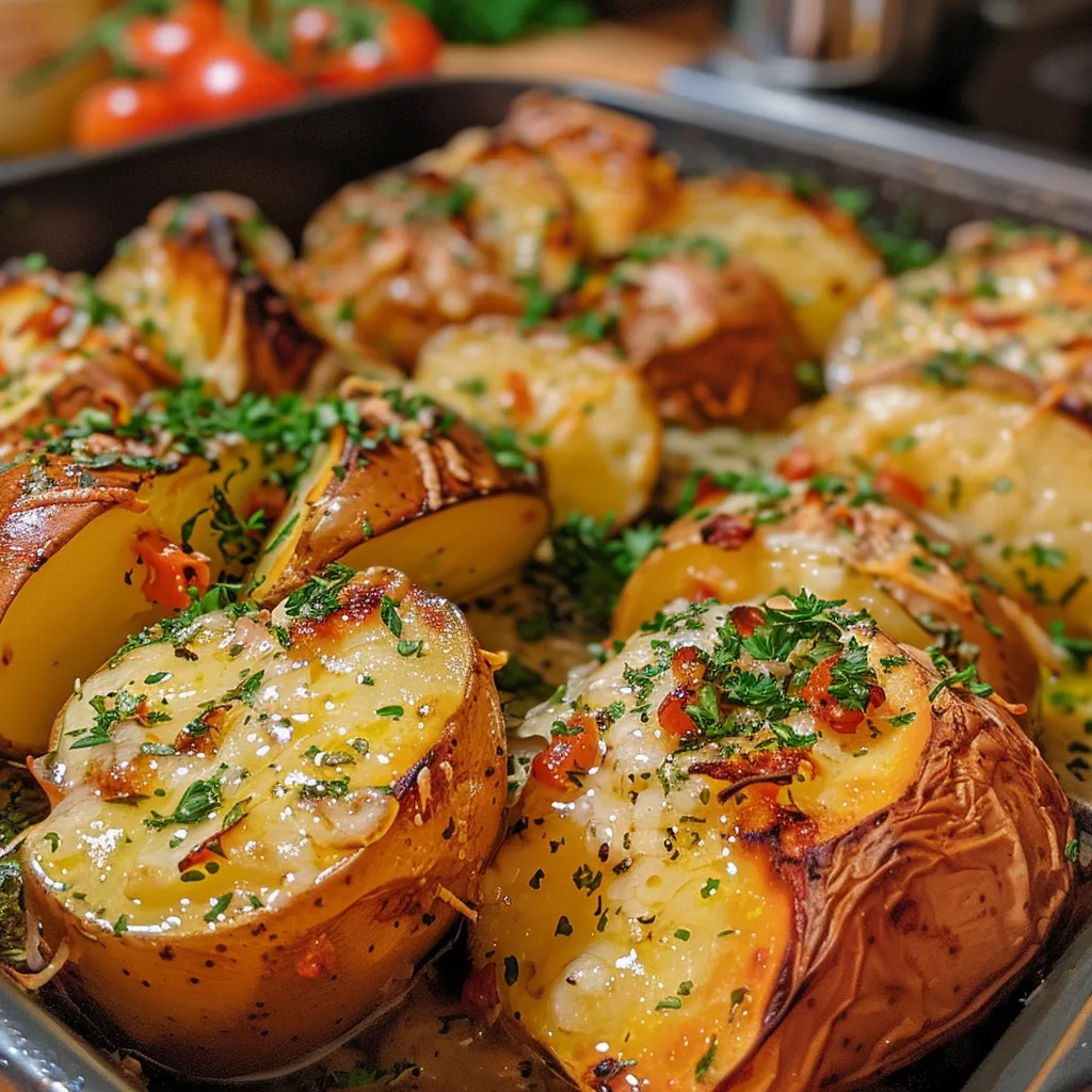 Nahaufnahme von Ofenhähnchen mit Kartoffeln und Kirschtomaten.