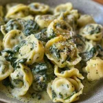 Eine Nahaufnahme von One Pot Spinat-Tortellini in einer Schüssel.