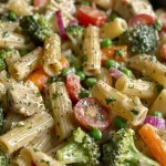 Nahaufnahme von Pasta Primavera mit buntem Gemüse.