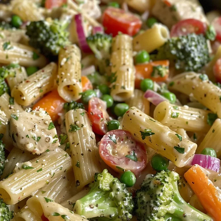 Nahaufnahme von Pasta Primavera mit buntem Gemüse.