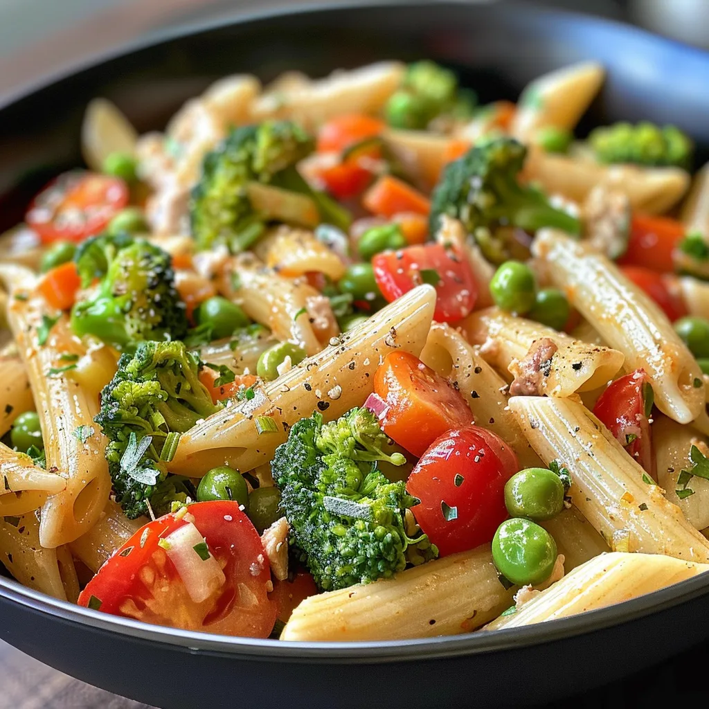 Seiteansicht einer Schüssel mit Spaghetti Primavera und frischen Zutaten.