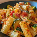 Nahaufnahme eines saftigen Pasta Primavera Gerichts mit buntem Gemüse.