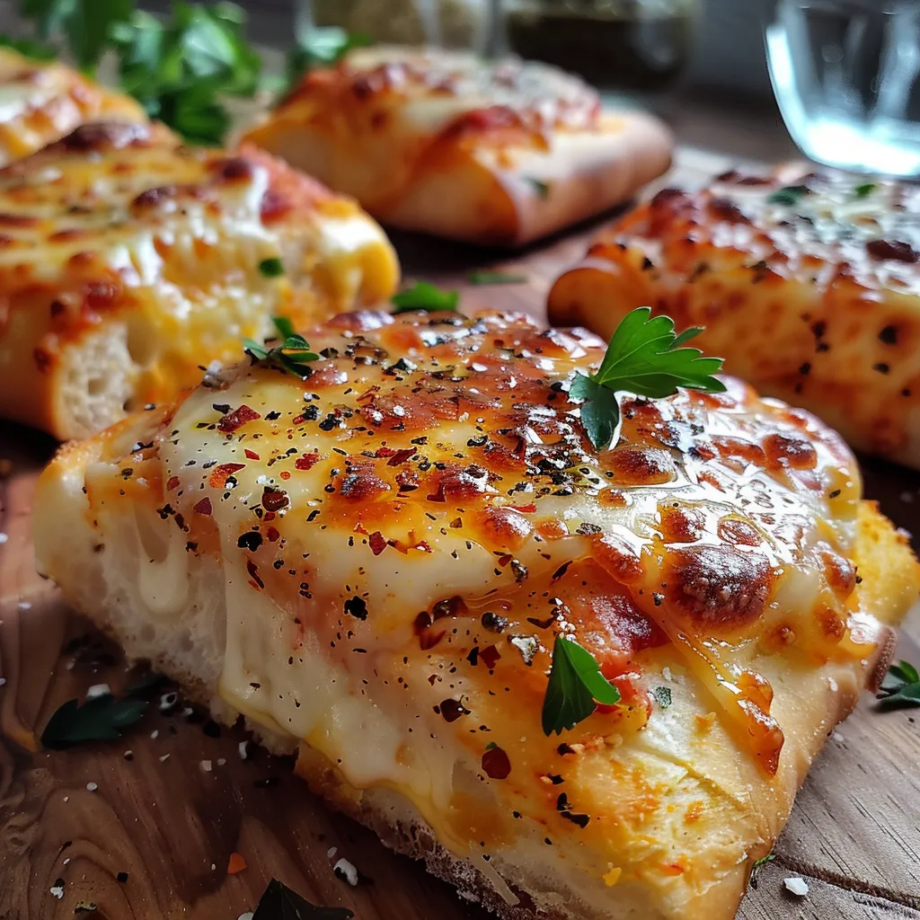 Seitenansicht von köstlichen Pizzabrötchen, gefüllt mit Käse und Hühnchen.