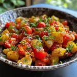 Nahaufnahme einer Reis-Gemüse-Pfanne mit buntem Gemüse.