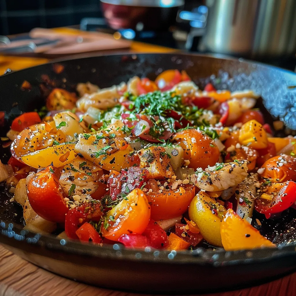 Seitenansicht einer bunten Gemüsepfanne mit Reis und veganem Frischkäse.