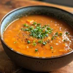 Nahaufnahme von Rote Linsensuppe in einer weißen Schüssel.