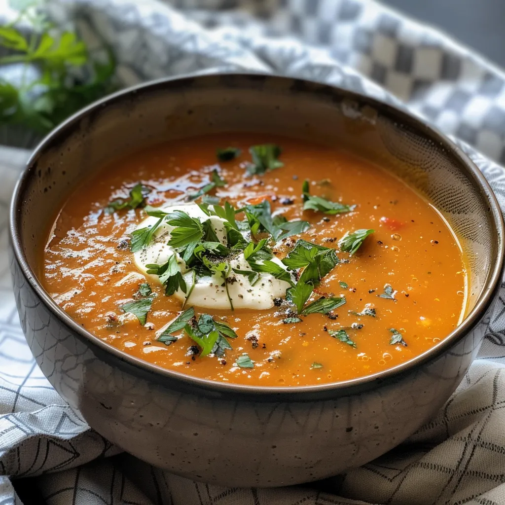 Seitenansicht einer roten Linsensuppe, die in einer Schüssel serviert wird, mit sichtbaren Zutaten.
