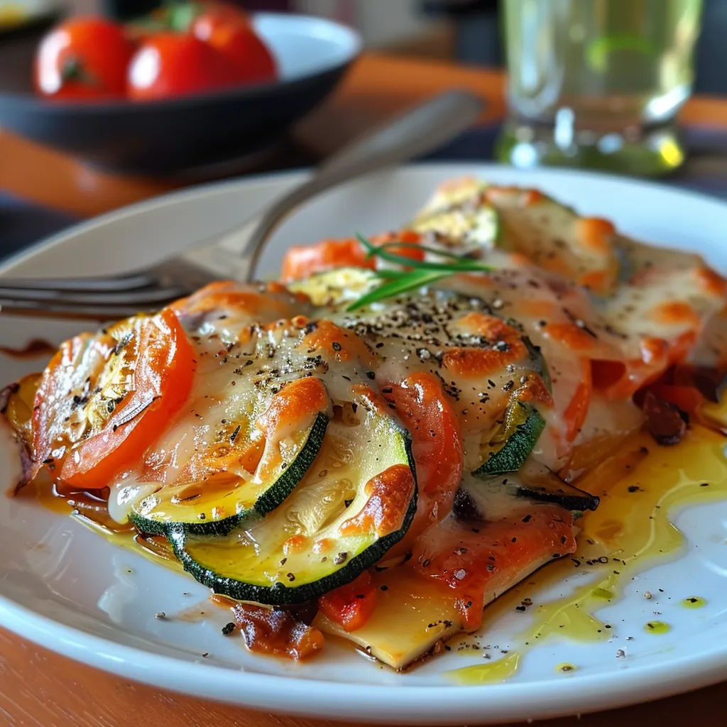 Seiteansicht von Rührei belegt mit Gemüse und Schinken.