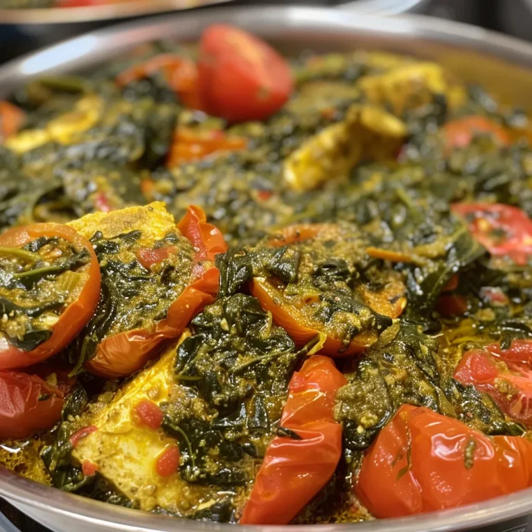 Nahaufnahme von Rührei mit Spinat und Tomaten auf einem Teller.