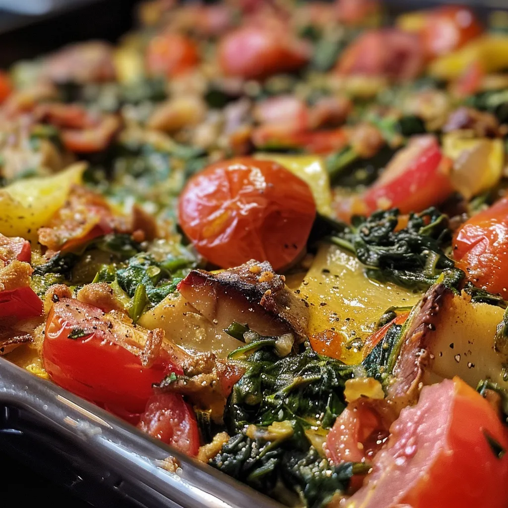 Seitenansicht von schmackhaftem Rührei mit frischem Spinat und roten Tomaten.